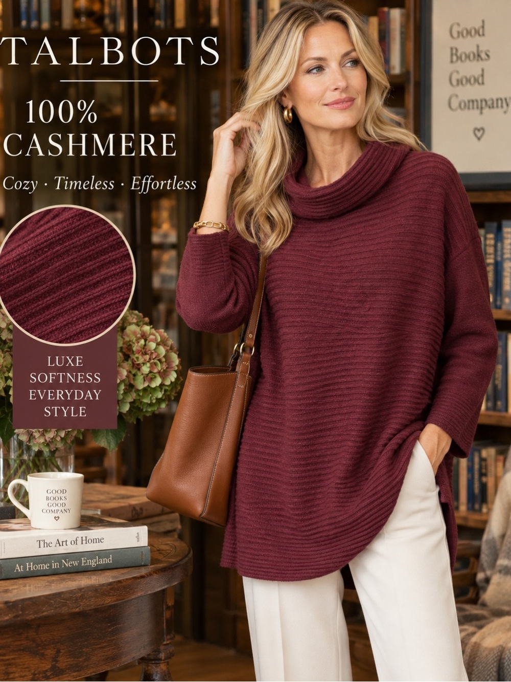 Talbots 100% Cashmere Sweater L Burgundy Cowl Neck Ottoman Rib Tunic